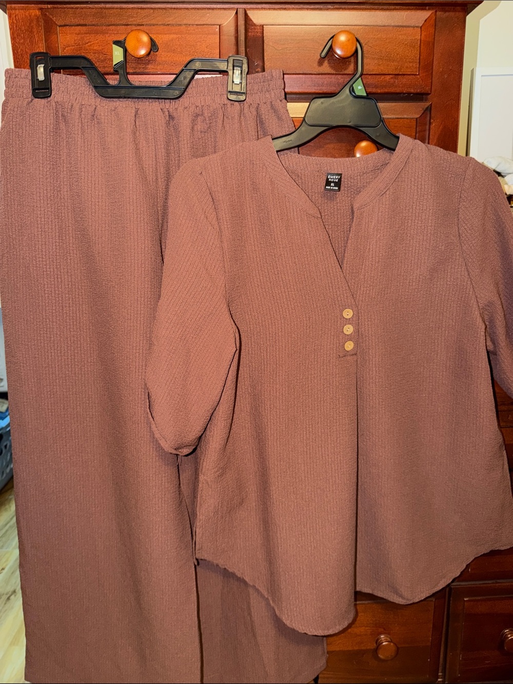 Relaxed V-Neck Tunic Top with Three-Button Placket with wide leg pants- brown